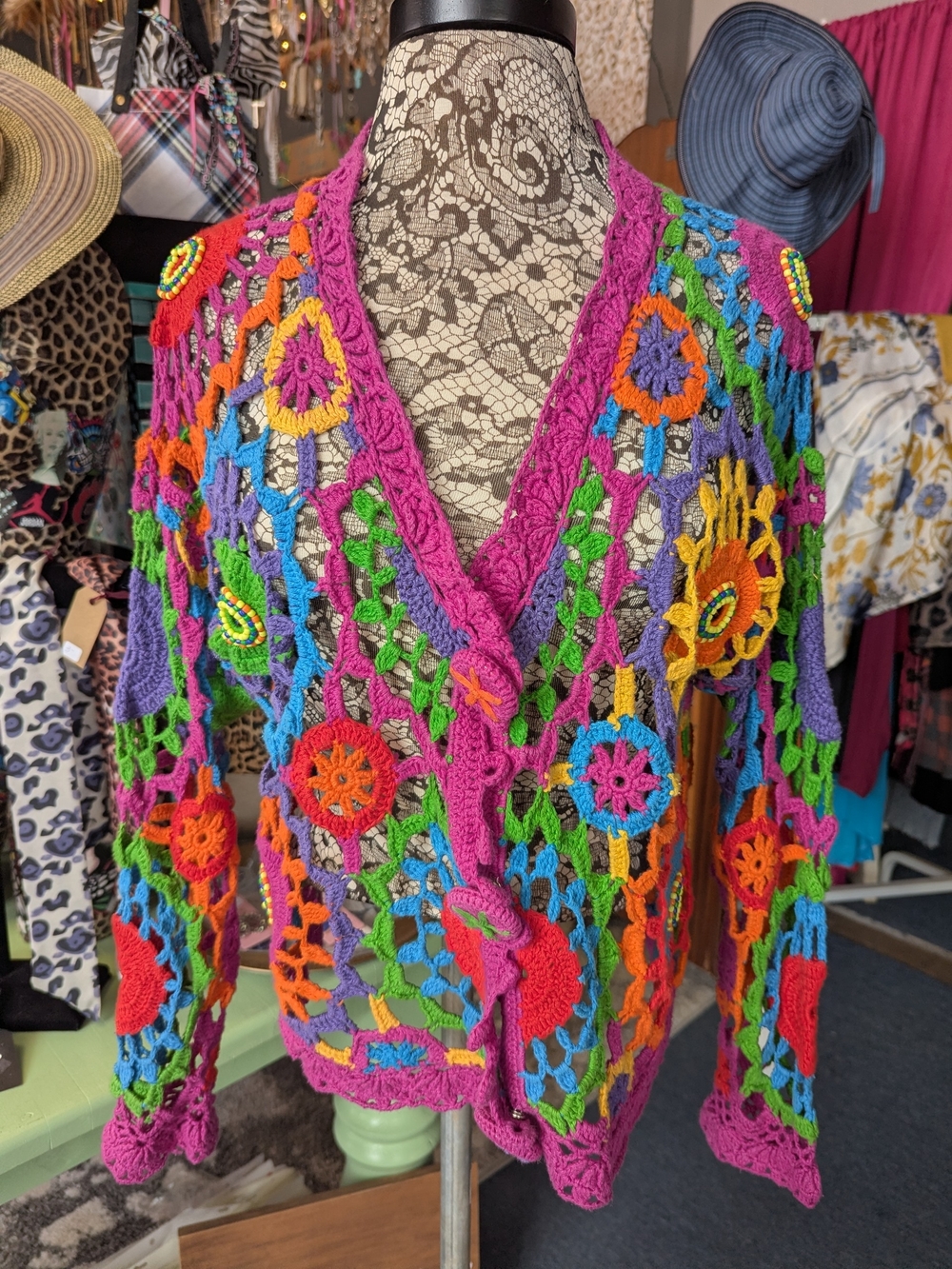 Multicolor Crochet Openwork Women's Sweater Cardigan
